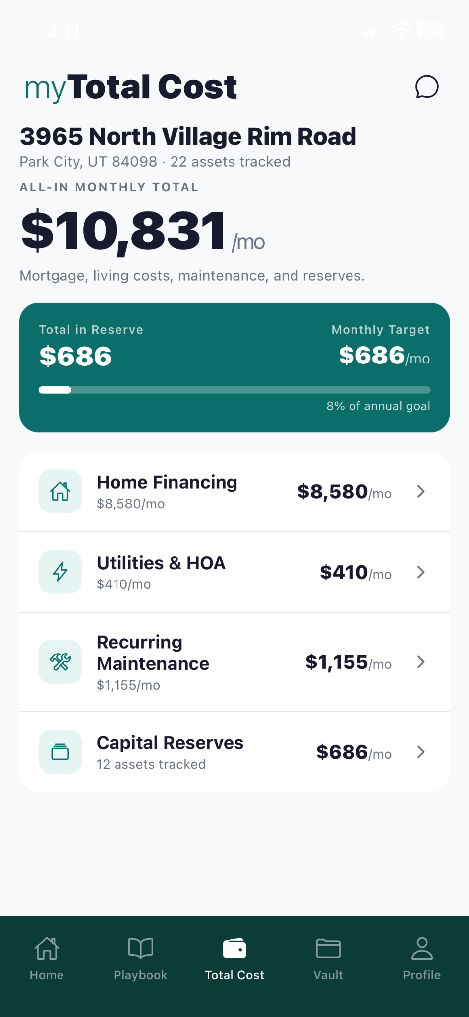 caset total cost screen